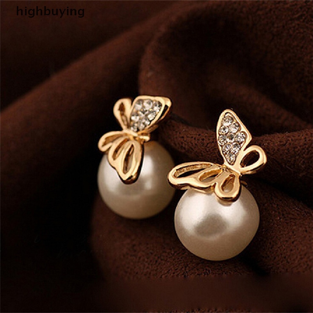 Hbid Anting Tusuk Model Kupu-Kupu Warna Emas Dengan Kristal + Mutiara Untuk Wanita