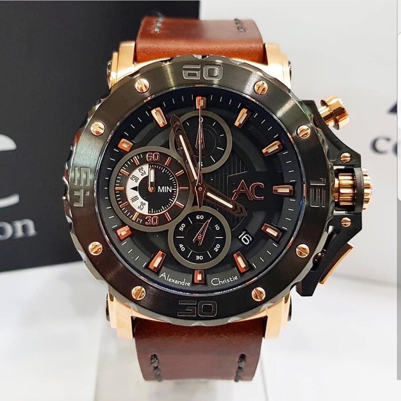 Alexandre Christie Collection Original Ac9205 Jam Tangan pria tali kulit hitam rose