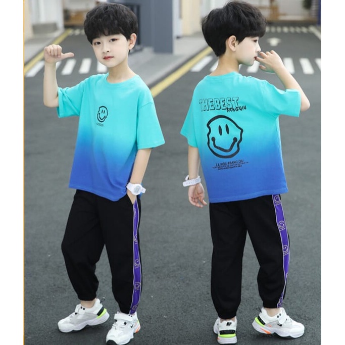 BAJUKIDDIE MR SMILE SET BAJU SETELAN ANAK COWOK KOREA IMPOR FASHION CASUAL DAILY KAOS CELANA PANJANG