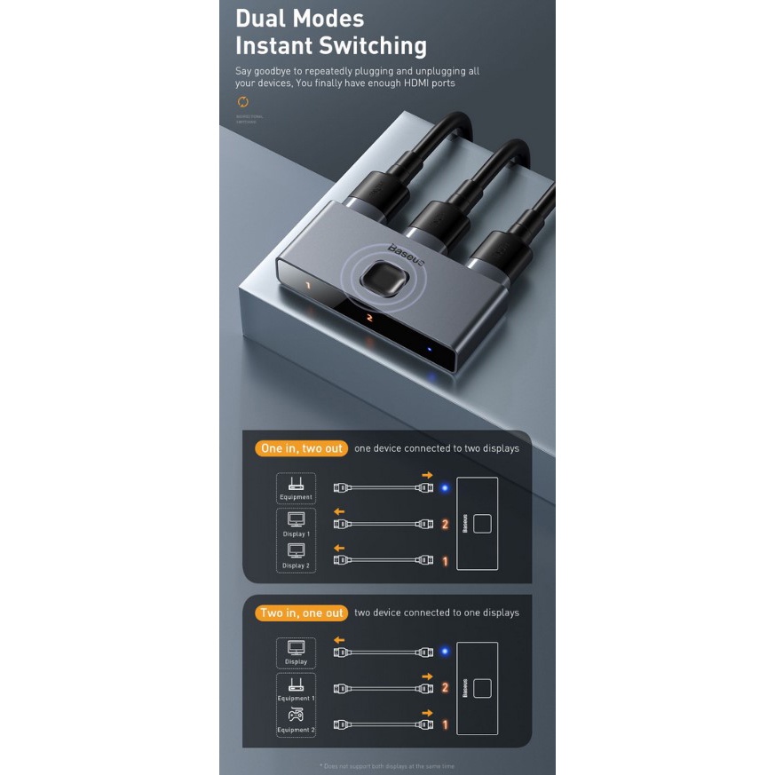 Baseus HDMI Switcher Splitter Bi-Direction 2 in 1 Out 4K - CAHUB-BC0G - Black