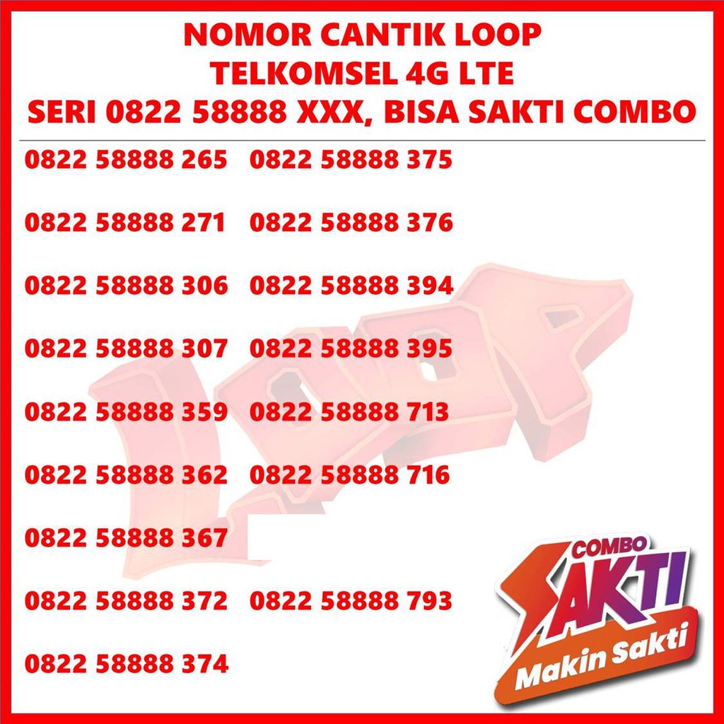 nomor cantik nomer perdana sakti LOOP telkomsel seri quartet 58888