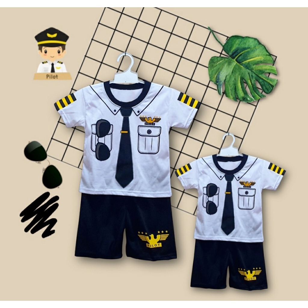 Setelan Baju Pilot Lengan Pendek Anak Umur 2 - 10 Tahun Pakaian Kaos Baju Pilot Lengan Pendek Atasan Anak SGL