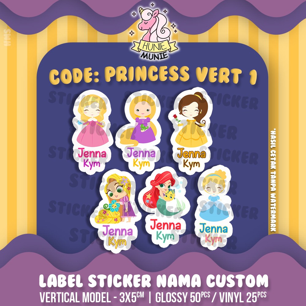 

Sticker Label Nama Custom - Princess - Vertical (50pcs) Stiker