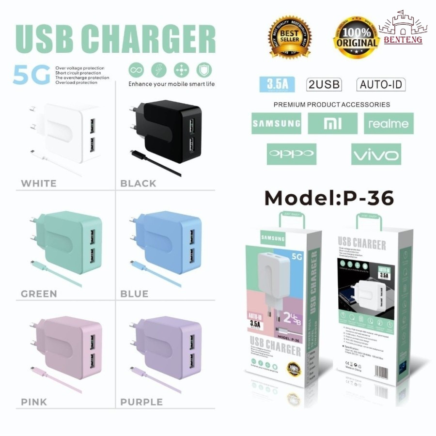 P36 - Charger Macaron 2 USB Premium Fast Charging 3.5 A Branded