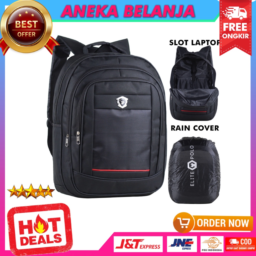 Tas Ransel Pria Model Elite Polo Global Hitam Merah Backpack Seminar Kuliah Kerja Dinas