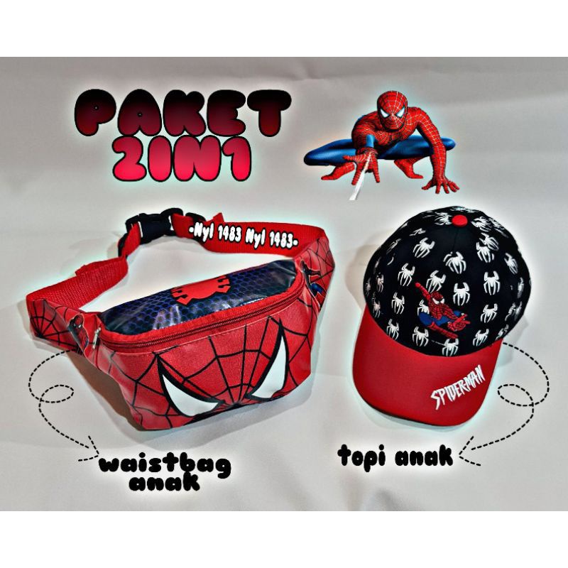 Waist bag anak laki-laki karakter superhero 2in1 - tas + topi