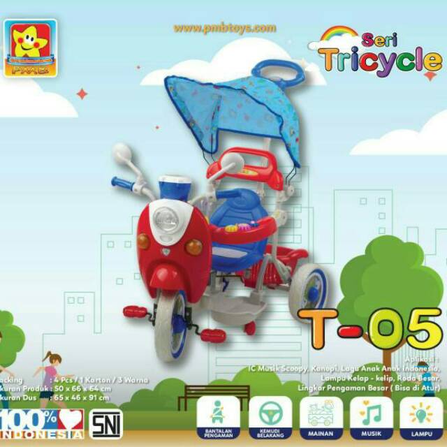 sepeda roda 3 anak pmb ic music scoopy sandaran tangan bisa diatur