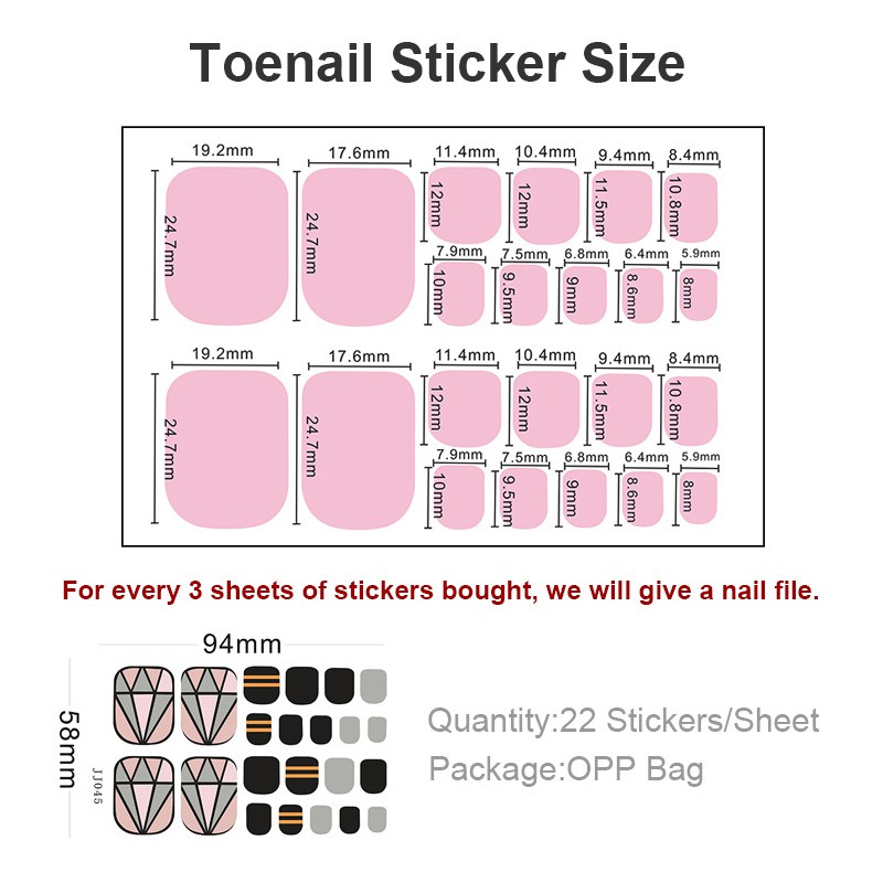 Jj061-080 22pcs/lembar Stiker Kuku Kaki Palsu 3d Diy