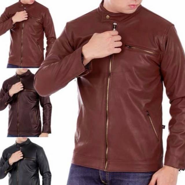 Jaket kulit slim fit aril slim fit list coklat hitam size M L XL XXL