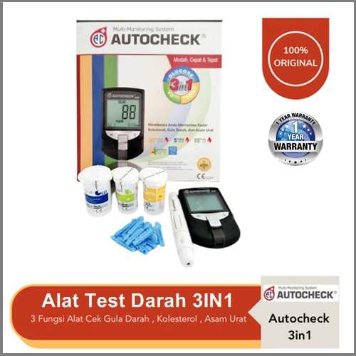alat tes autocheck 3 in 1 alat tes gula darah kolesterol asam urat tes sendiri di rumah paket lengkap ORIGINAL