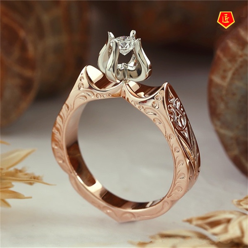 [Ready Stock]Elegant Creative Lotus-Shaped Color Separation Diamond Ring