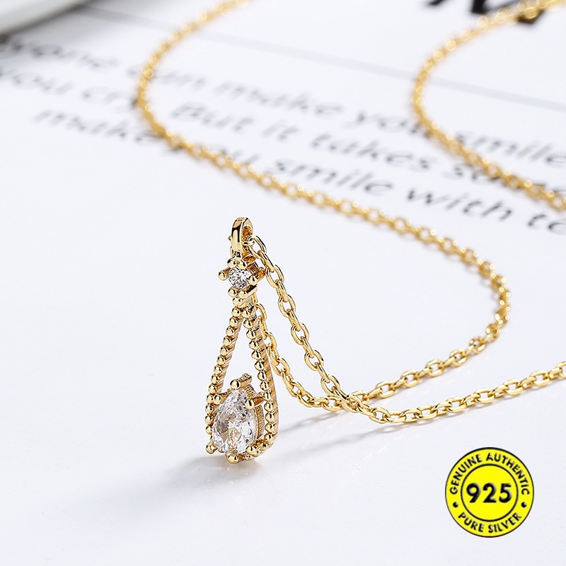 Kalung Rantai Klavikula Desain Water Drop Bahan S925 Silver Zircon Gaya Retro Untuk Wanita