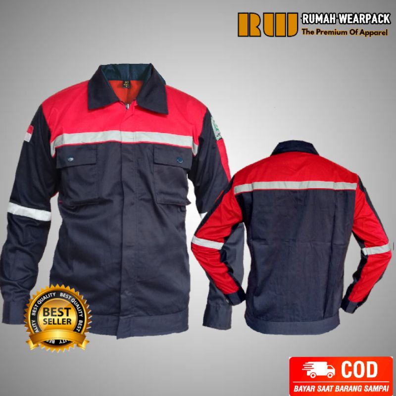 Baju Kerja/ Wearpack Proyek/ Seragam Kerja Atasan Navy Kombinasi Merah