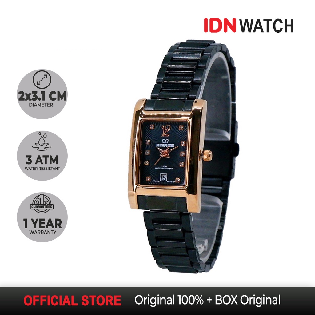Jam Tangan Mirage Wanita Elegant Miragewatch Analog Original Hitam Rosegold Stainless Petak Anti Kar