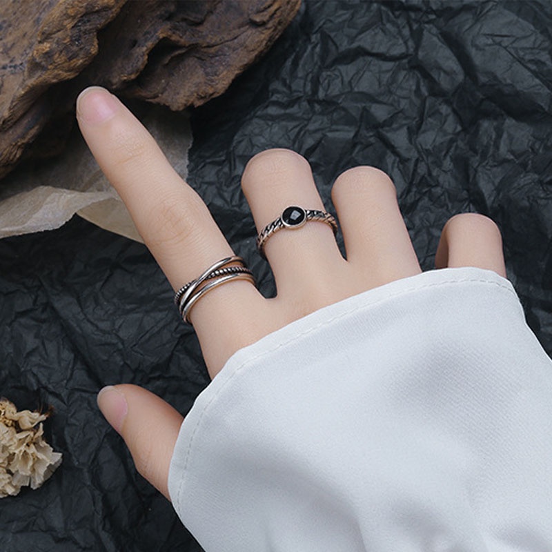 Double Layer Hip-hop Ring Korean Retro Simple Cross Personality Wild Black Stripe Opening Adjustable Ring Fashion Sexy Girl Jewelry