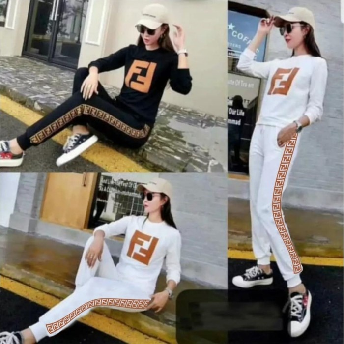 F408 Setelan ST Fendi Strip Putih SL Pakaian Baju Korean Kekinian All Size Wanita Babyterry White
