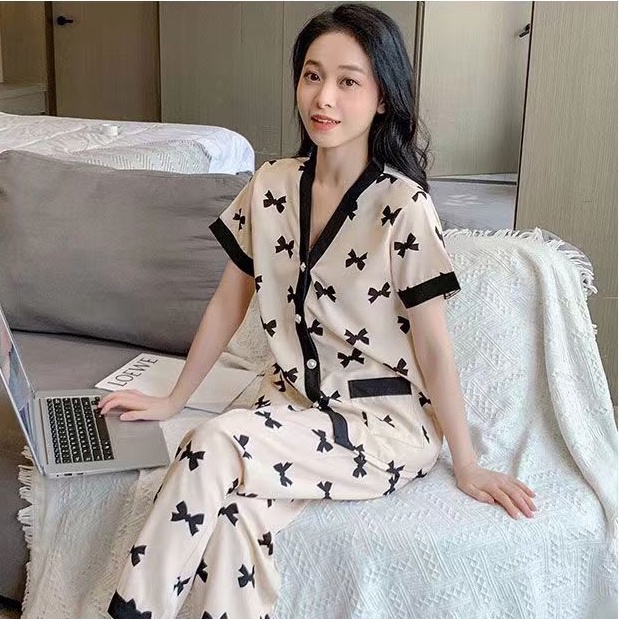 Baru musim panas es sutra piyama wanita atasan lengan pendek + celana setelan homewear