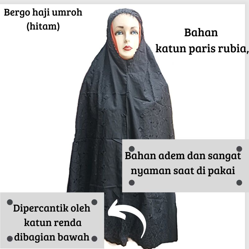 KERUDUNG BERGO HITAM/ PERLENGKAPAN HAJI DAN UMROH WANITA/ATASAN WANITA /BERGO WANITA/BERGO PANJANG H