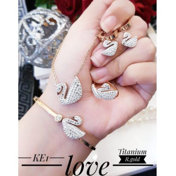 (SEP) PROMO TERMURAH Set Perhiasan TITANIUM Anti Karat Gelang Cincin Anting Kalung Angsa Swan Xuping