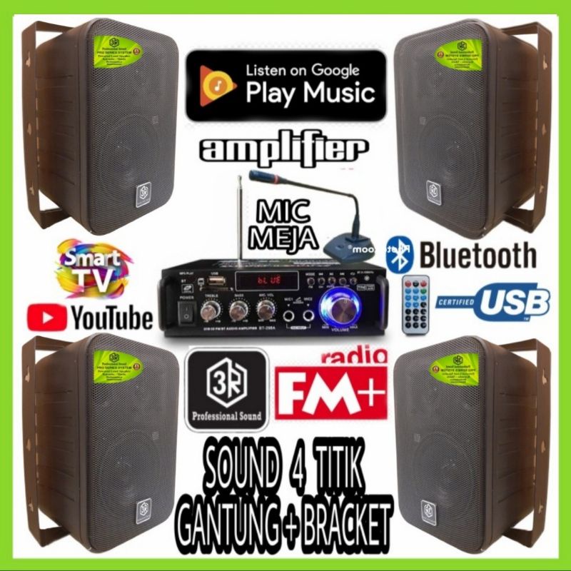 Paket 3R Audio Cafe . restoran. Klinik. Speaker 4 Titik Mic Panggilan Ampli Bluetooth