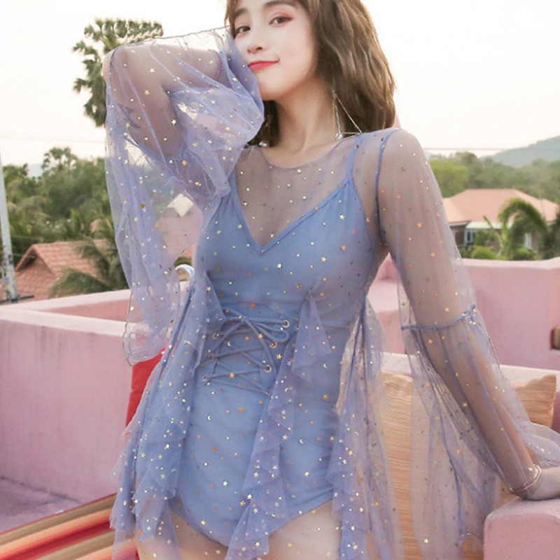 ALL IN ONE-040 Set Bikini Baju Renang Wanita Gaya Korea Model rok renda Import High Quality-BLUE