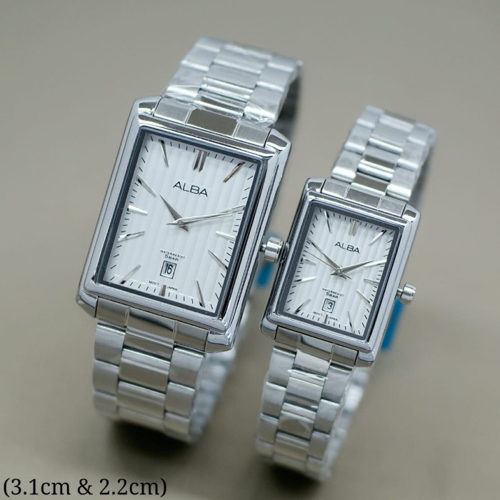 [READY] Jam Tangan Alba Couple Tali Rantai Aksesoris Fashion Pria wanita kotak - silver putih