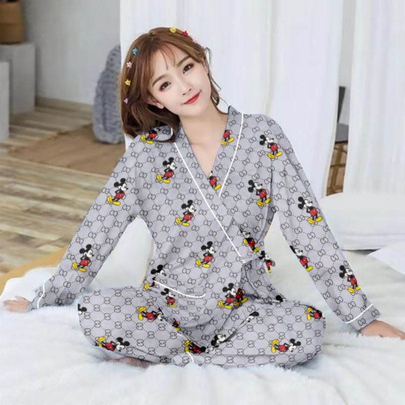 setelan kimono lengan panjang/kimono wanita/baju tidur kimono-Pp kim mickey ungu