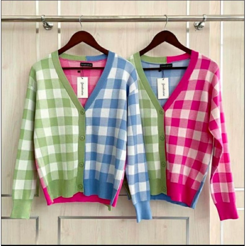 CARDIGAN KOTAK MALIKIN KOMBINASI / CARDIGAN WANITA RAJUT / CARDIGAN RAJUT