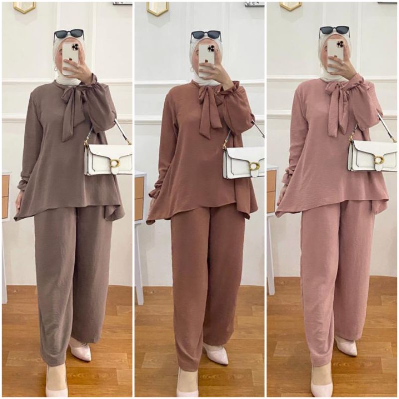 BISA COD AZKIYAHIJAB29 SHELLA ONESET SETELAN TUNIK CRINCKLE SETCEL KULOT AIRFLOW BAJU SET WANITA POL