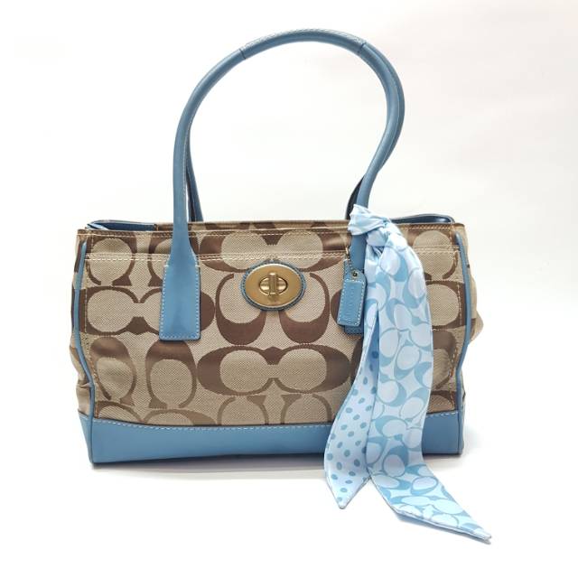 Tas Coach Signature Shoulder Bag Blue with Ribbon Preloved Second Original Bekas