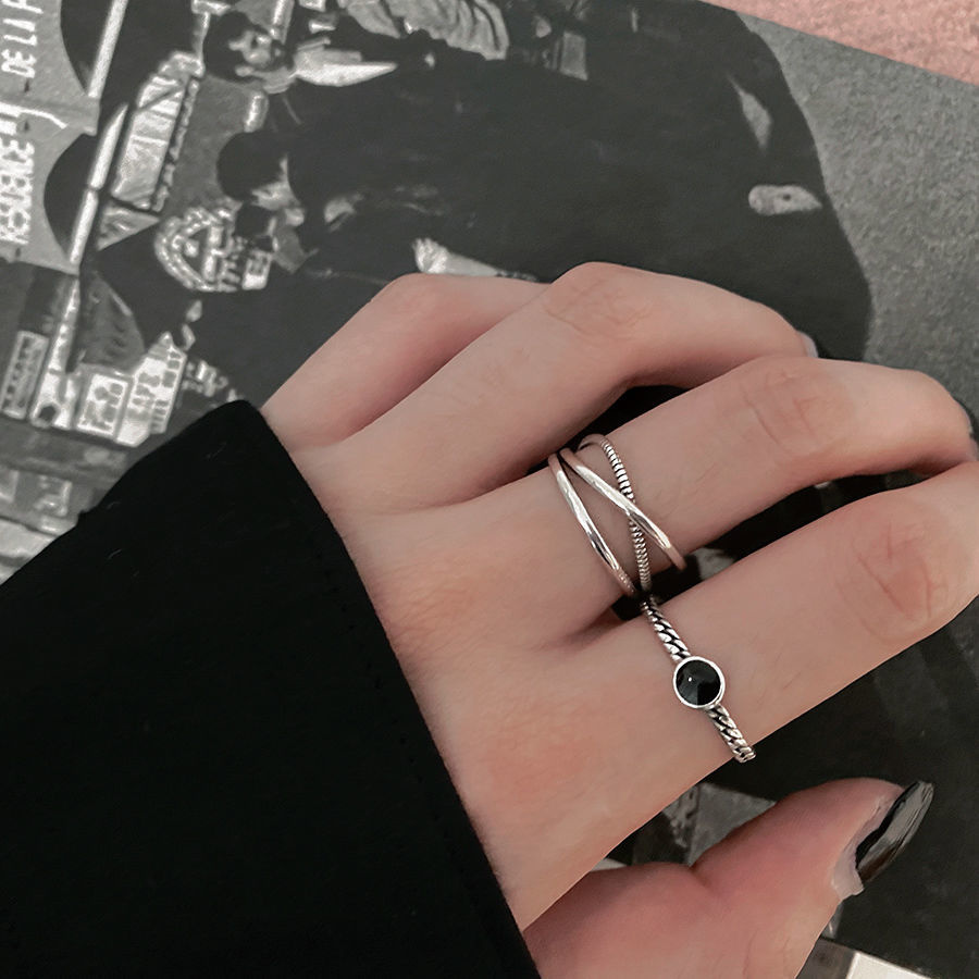 Cincin Wanita Perak 925 Vintage Sederhana Fashion Hitam Enamel Kawin Rings Adjustable Size