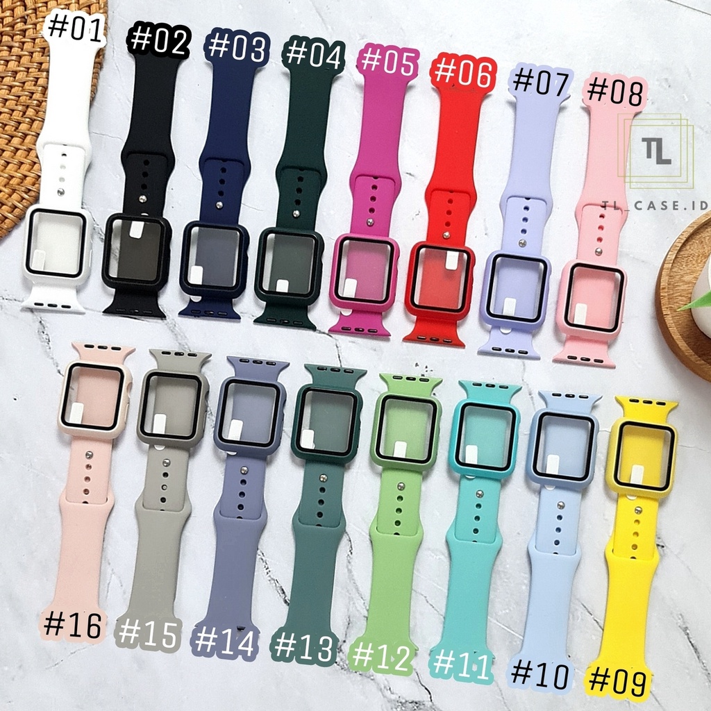 [ Tanpa Jam ] 2 IN 1 TALI STRAP APPLE WATCH BASIC + TEMPERED GLASS PROTECTOR COVER CASE - SERI ULTRA 1 2 3 4 5 6 7 8 SE | SIZE 38mm 40mm 41mm 42mm 44mm 45mm 49mm | sport band iwatch full color rubber silicone