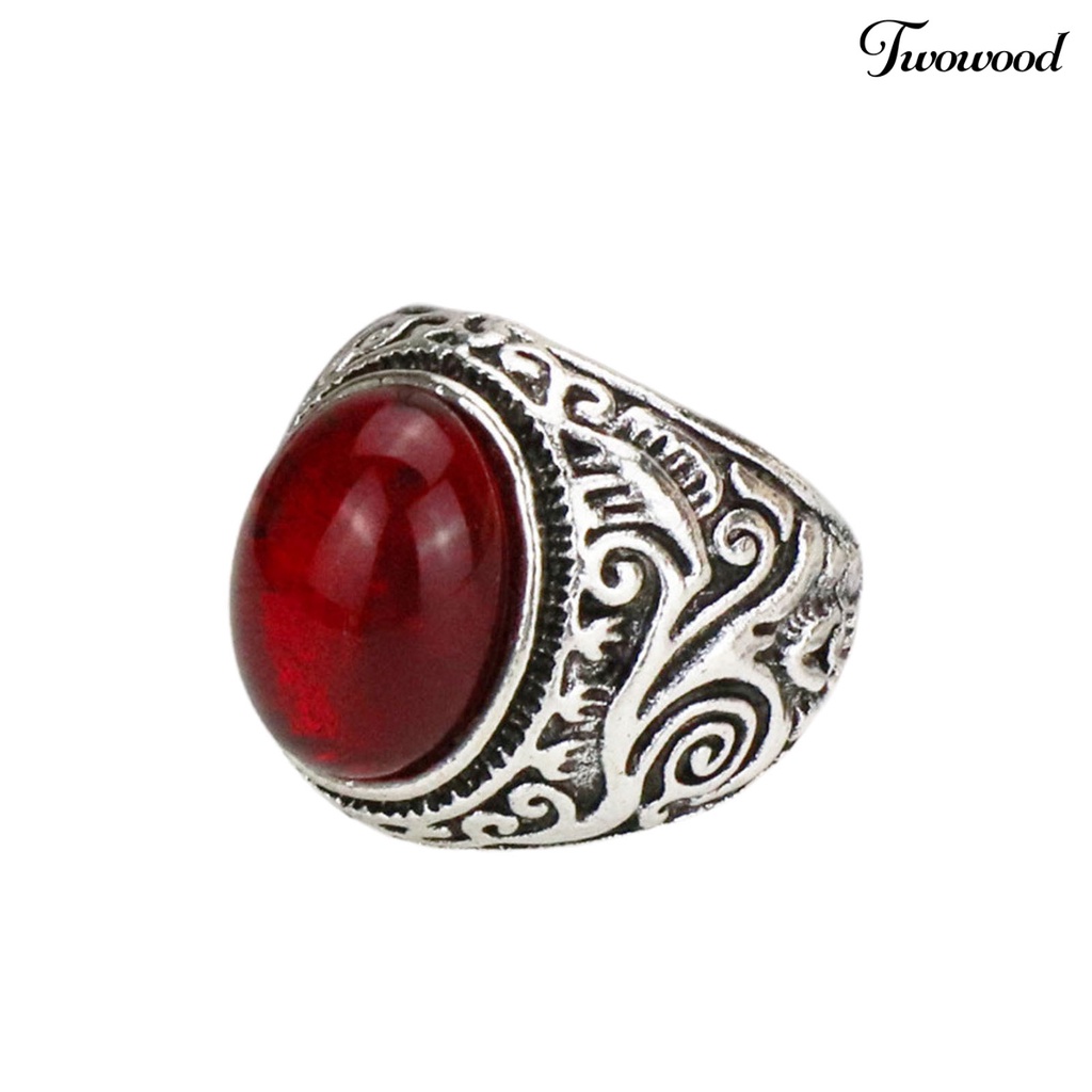 Twowood Carved Rock Style Men Ring Alloy Red Faux Gem Finger Ring Jewelry Accessaries