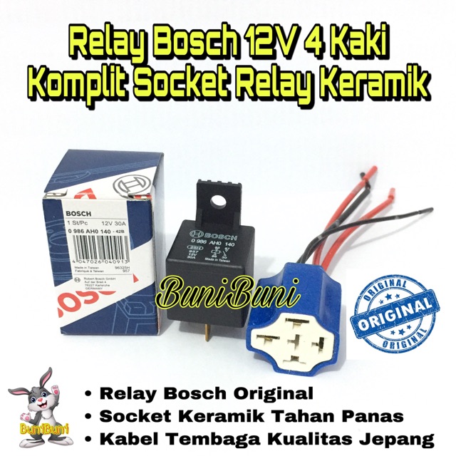 Relay Bosch Original 12V 30A Kaki 4 Komplit Rumah / Socket Relay Bahan Keramik Tahan Panas