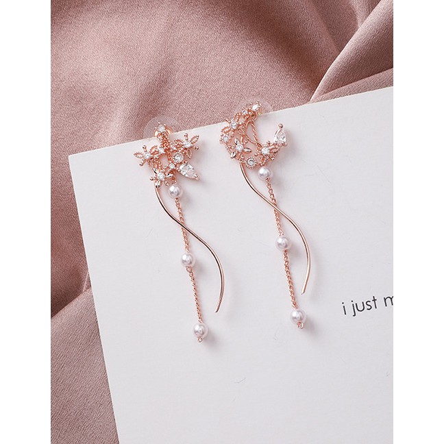 LRC Anting Tusuk Fashion Rose Gold 925 Silver Studs With Zircon Star Moon Tassel Earrings D20856