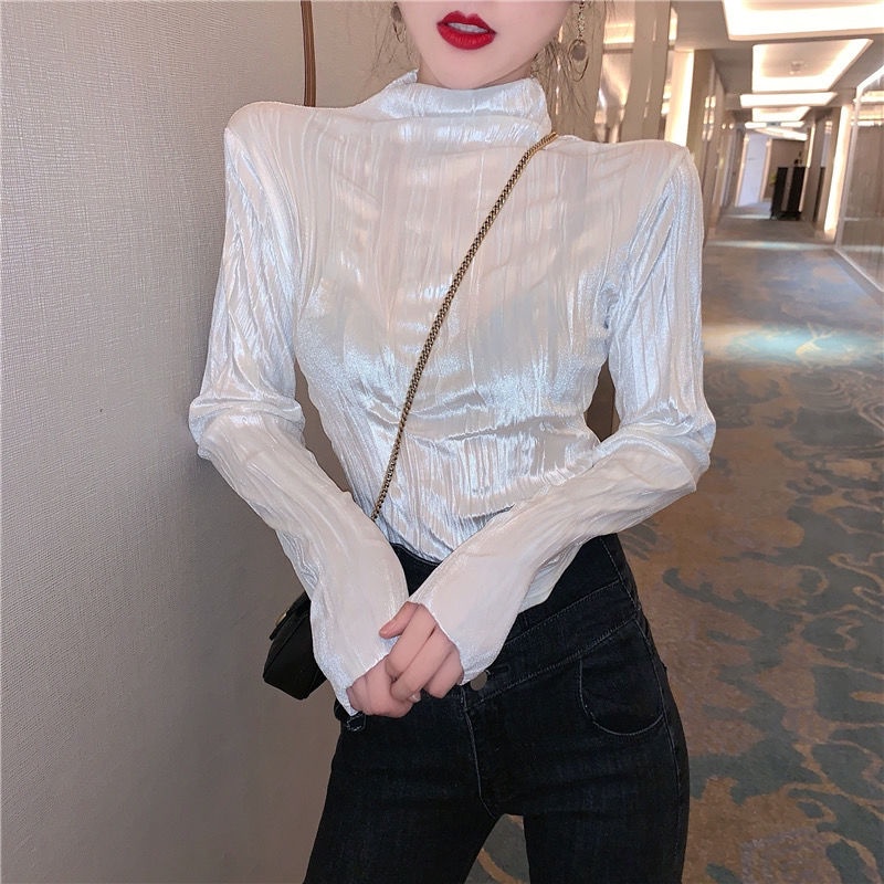 Musim Dingin Baru Retro Emas Beludru Setengah Turtleneck Lengan Panjang Kemeja Wanita All-Match Tipis Top Temperamen Slim T-shirt