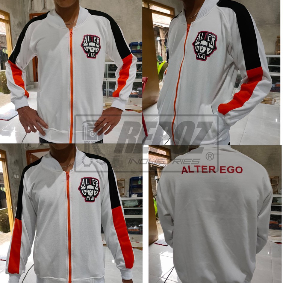Jaket Zipper Bomber Alter Ego Warna Putih Tersedia Berbagai Ukuran Untuk Unisex
