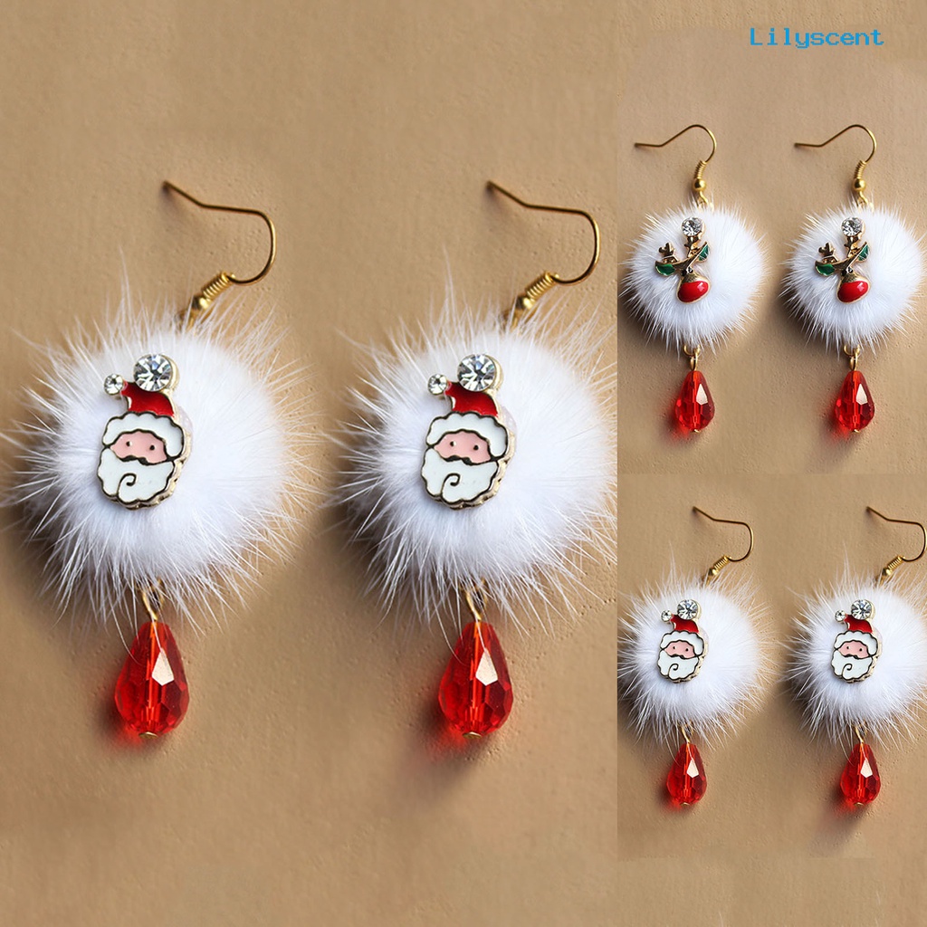 Lilyscent 1 Pair White Plush Ball Red Rhinestone Xmas Earrings Alloy Santa Claus Elk Pendant Hook Earrings Fashion Jewelry