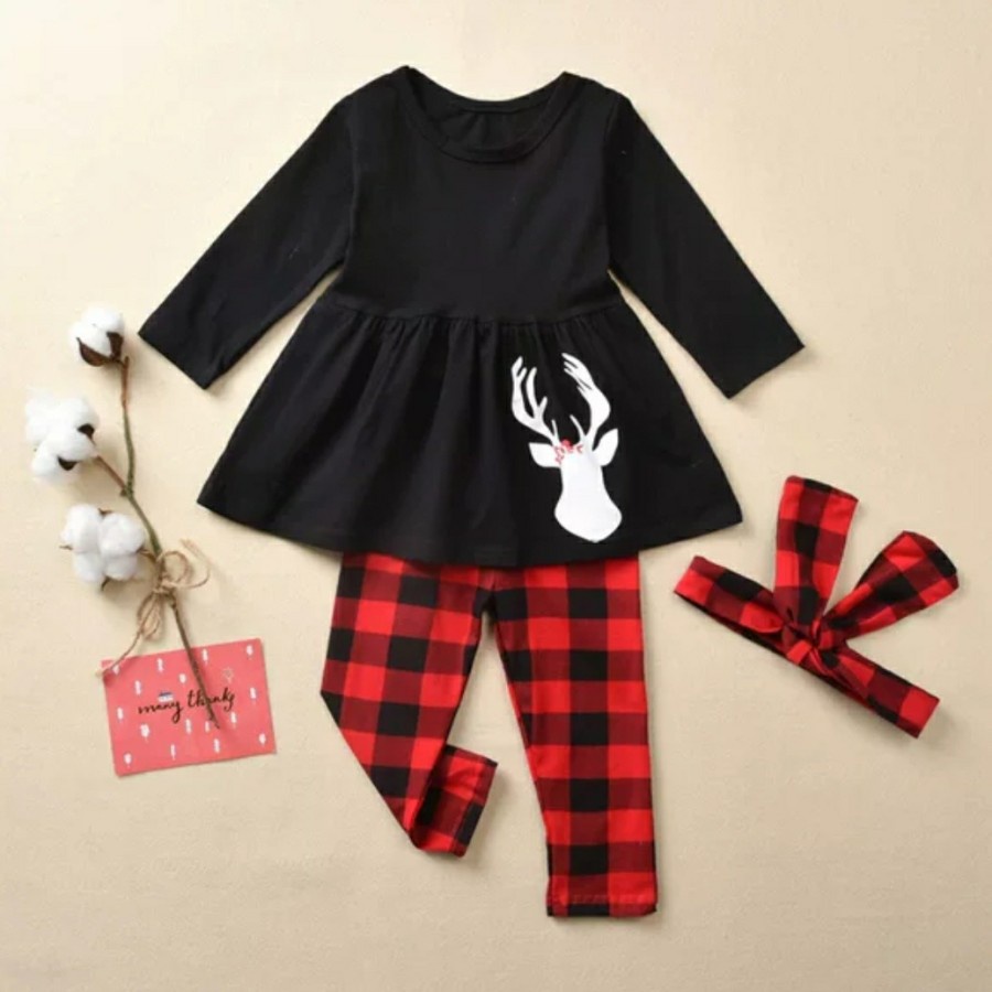 Christmas Set Girl Black Top w Black Red Checkered pants Setelan natal