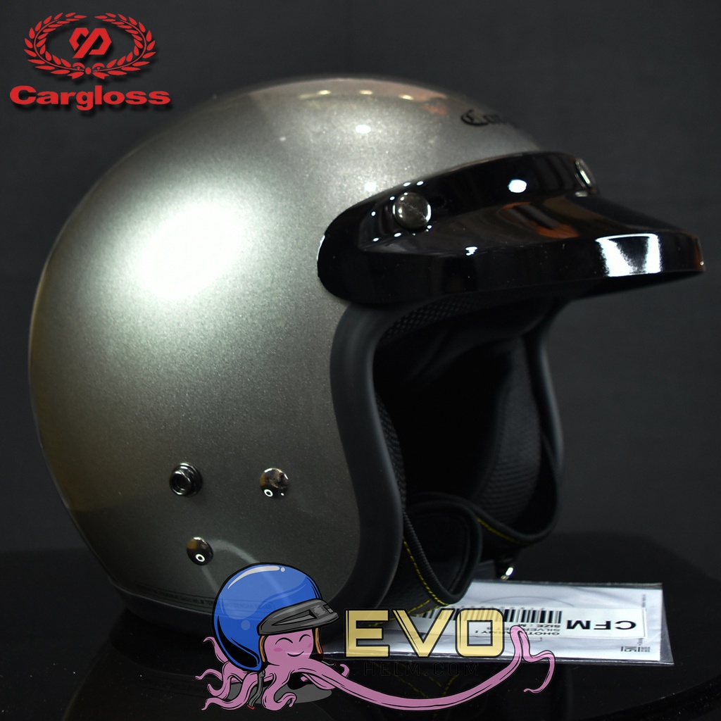 HELM CARGLOSS ORIGINAL CFM RETRO ARMY HALF FACE - SILVER METALIC + KACA DATAR