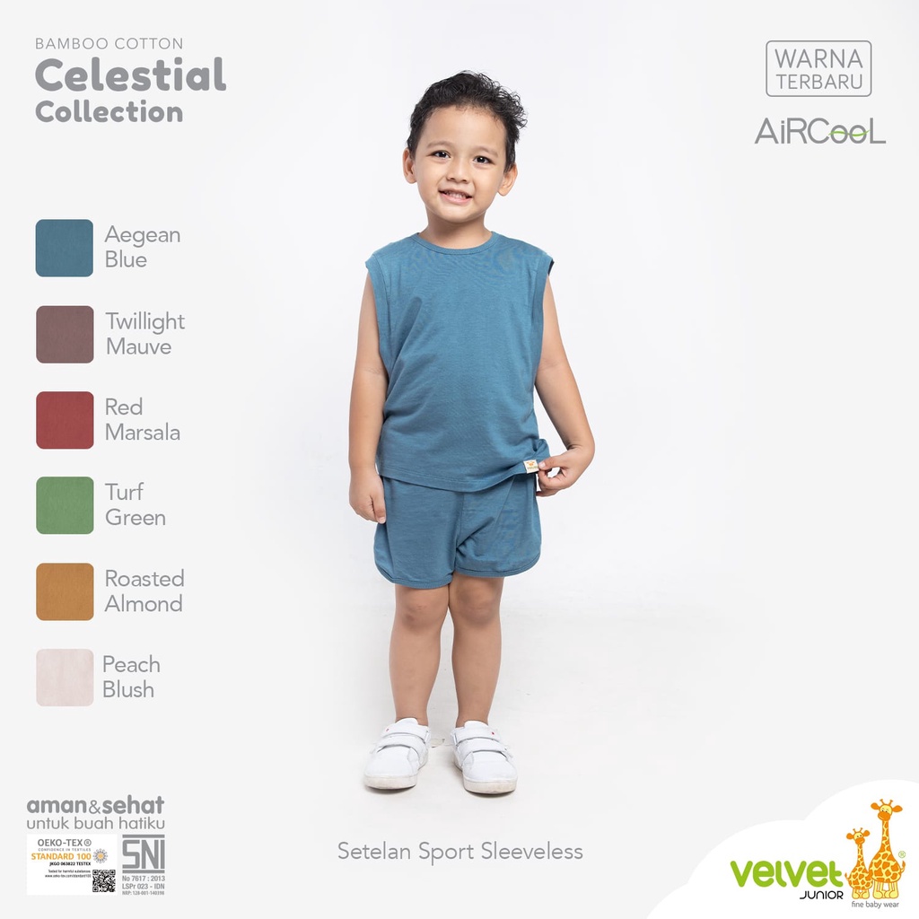 Velvet Junior Setelan Baju Anak Kutung Celana Pendek AIRCOOL Celestial Collection Polos Warna Singlet Bamboo Cotton Boy