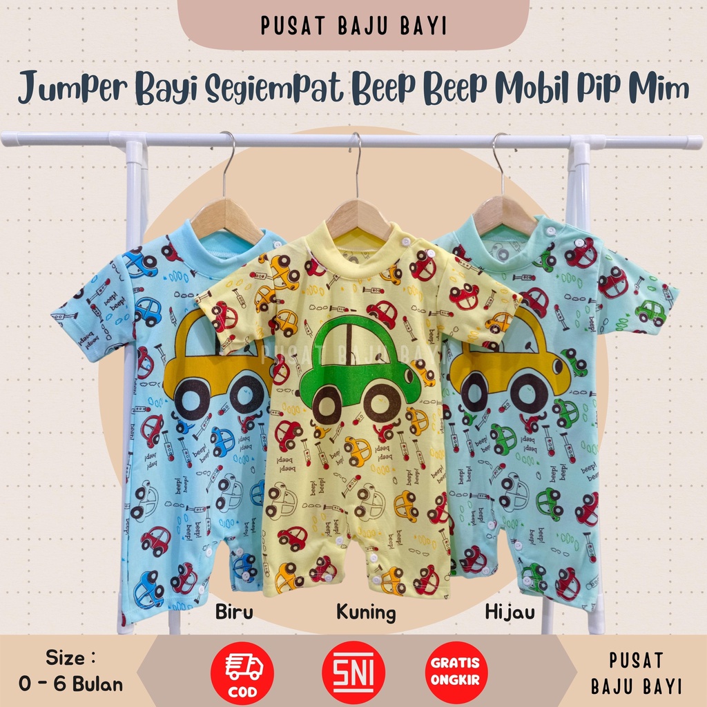 Romper Bayi 0 - 6 Bulan merk PIP MIM BABY WEAR motif BEEP BEEP MOBIL