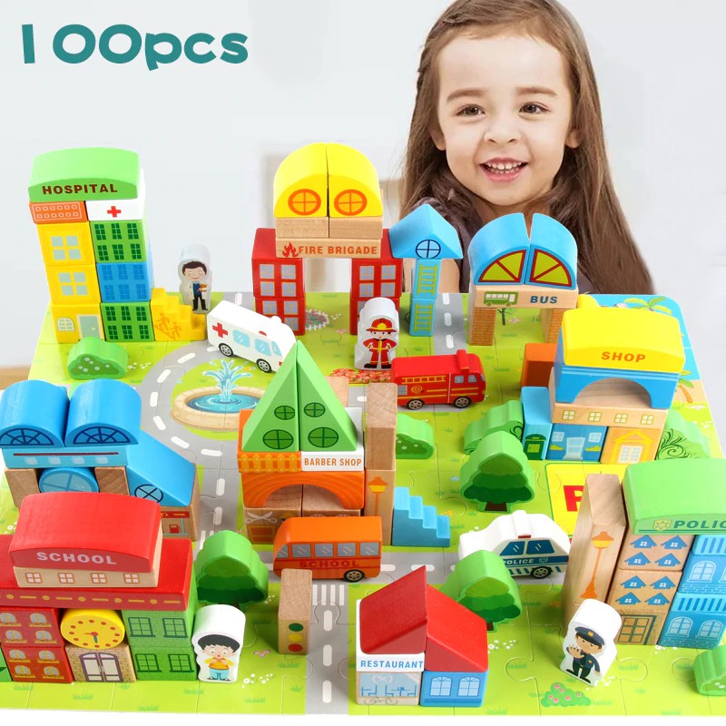 Mainan Lego 100 Pieces Baby Toys City Traffic Scenes Geometric Shape Building Blocks Early