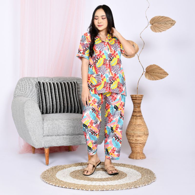 Baju Tidur Piyama Wanita Dewasa Motif Daun Janbol CP Lengan Pendek Celana Panjang Kekinian