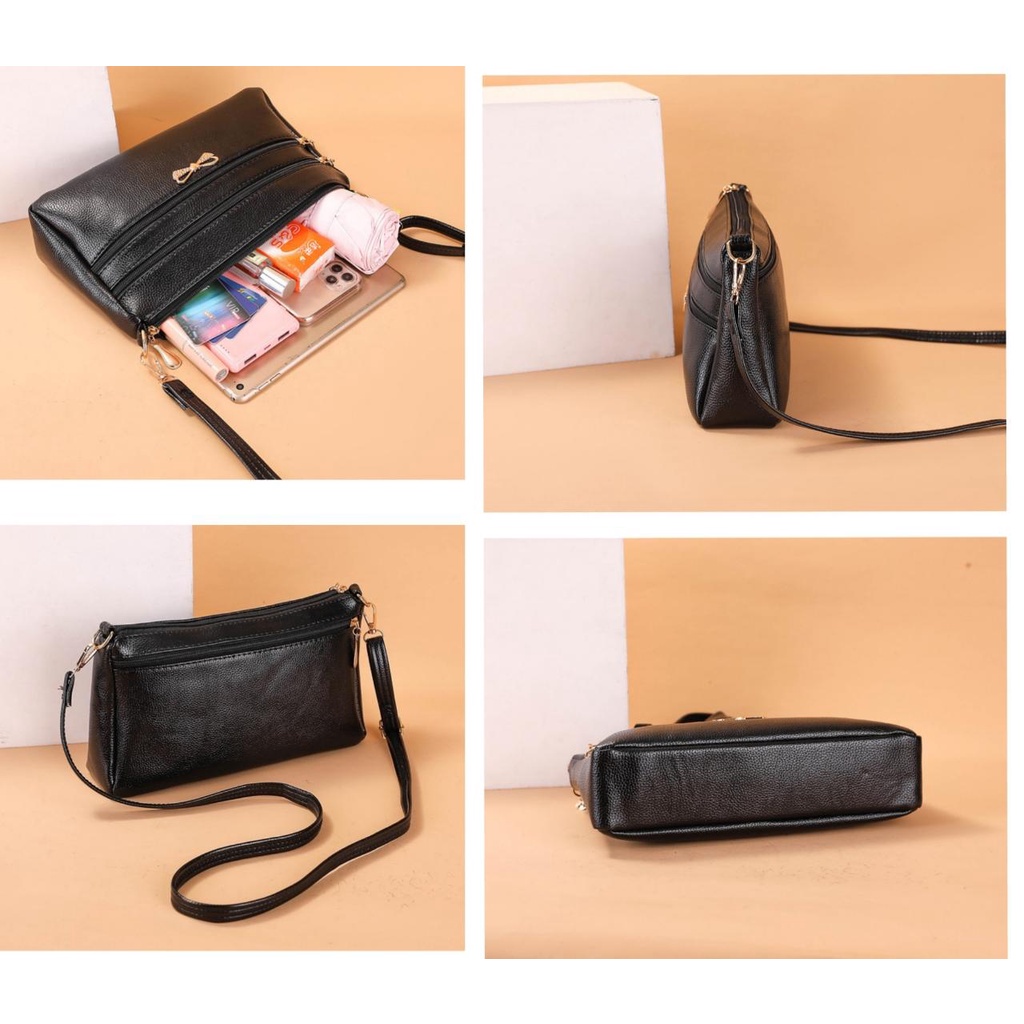 TAS SELEMPANG WANITA 3 RESLETING KOREA KULIT HITAM VOLVA TA374B5 IMPORT BATAM SLING BAG CEWEK MURAH