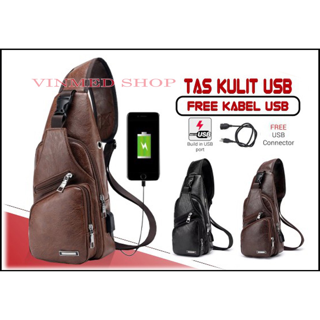 Tas Selempang Pria Import Sling Bag Kulit USB Port Tas Slempang Pria