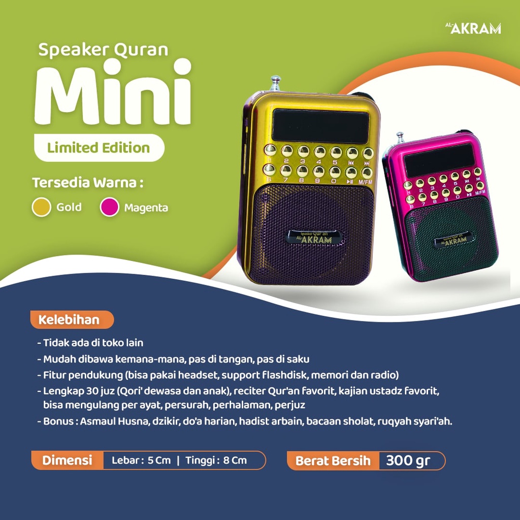 [ORIGINAL] (bergaransi) SPEAKER MUROTTAL ALQURAN AL-AKRAM Mini Series, belajar baca dan hafalan Qura