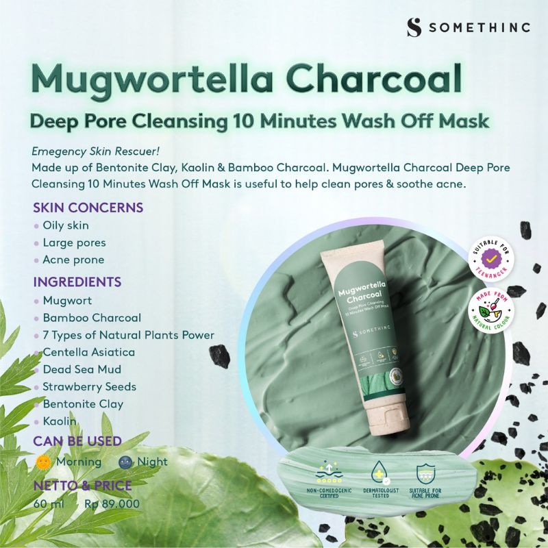 Somethinc Clay Mask / Mugwortella Charcoal Deep Pore Cleansing 10 Minutes Wash Off Mask / Skin Goals Brightening Glow 10 Minutes Wash Off Mask 60gr