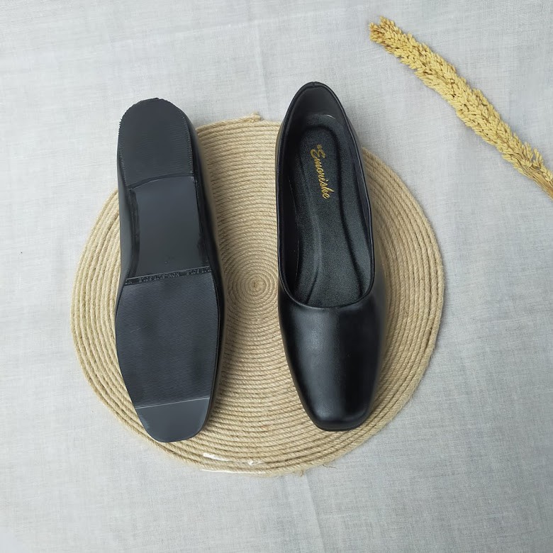 ERAMSIS ~ SEPATU FLAT PANTOFEL WANITA PEREMPUAN KERJA KANTORAN HITAM POLOS UKURAN BESAR SIZE JUMBO