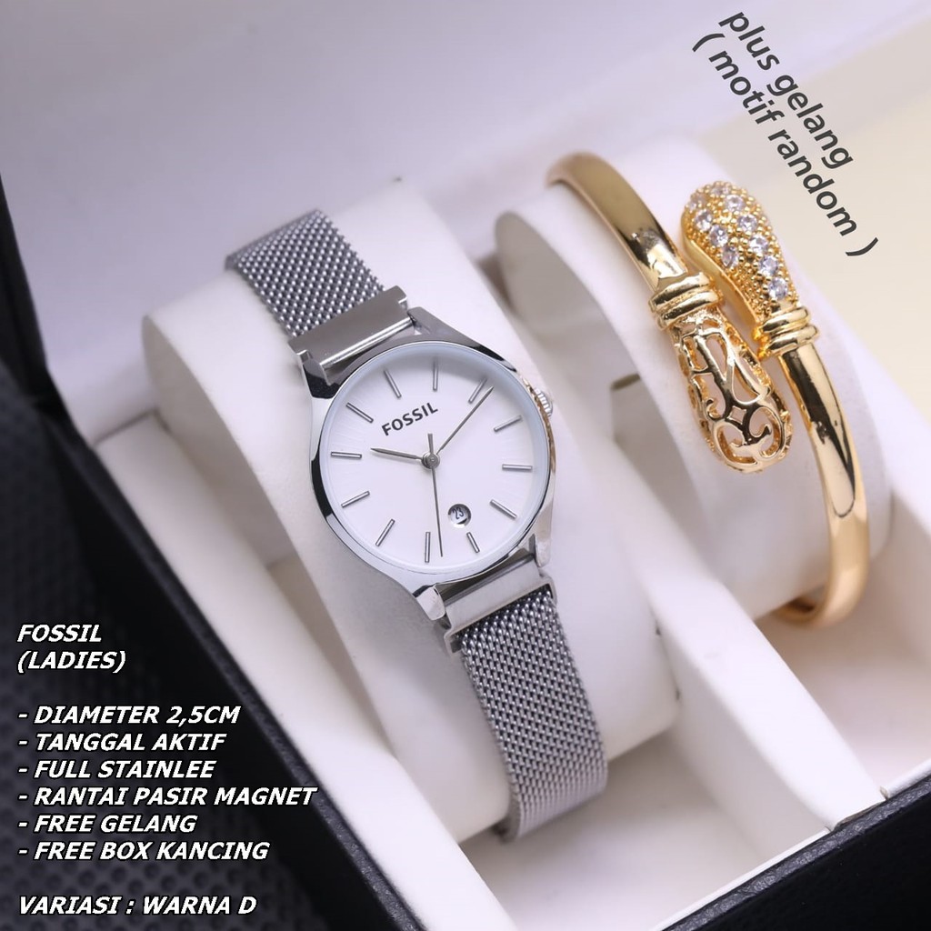 JAM TANGAN WANITA FASHION RANTAI BODY BULAT TANGGAL AKTIF FREE GELANG